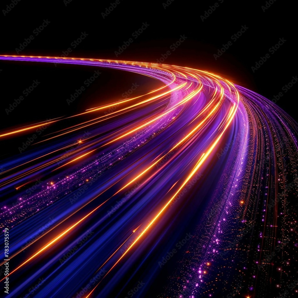 Sunshine Yellow and Royal Purple light trails, the flow of data within computer systems or networks, the transfer of information .internet speed, data transfer, fast computing.	
