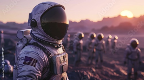 Astronaut surrounded by extraterrestrial beings on an exoplanet   ultra realistic sci fi scene photo