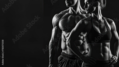 Athletic muscular woman and man torsos on a black background. Layout concept for a gym or fitness
