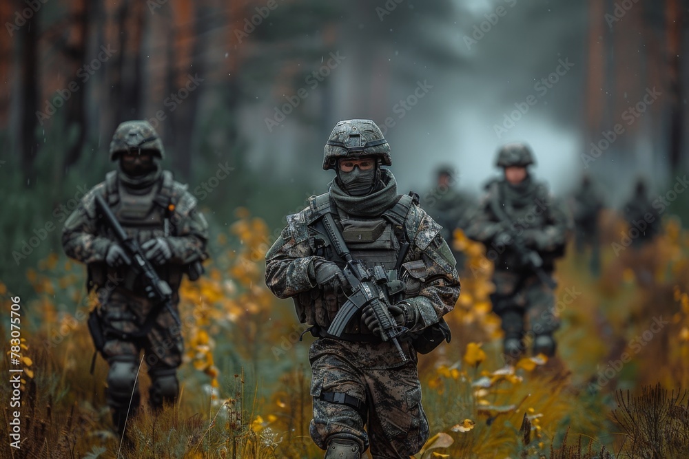Soldiers on patrol through a dense forest, the gravity of duty etched on their faces.