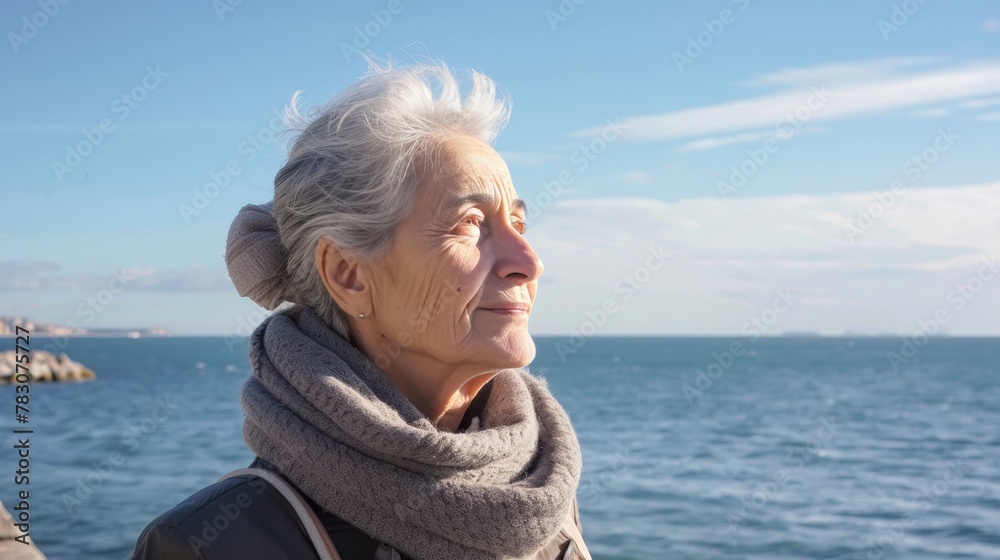 Fototapeta premium Elderly woman finding joy in the breathtaking ocean view from the sandy beach shore