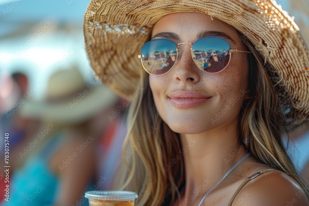 Cheerful woman with large straw hat and aviator sunglasses, summer vibe.