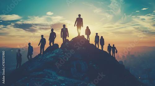 Group of hikers on a mountain top with one person reaching out to another