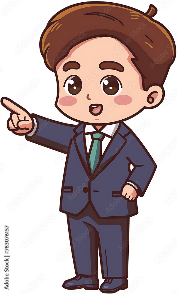 Illustration of a male character in a suit pointing out Illustration of a male character in a suit pointing out