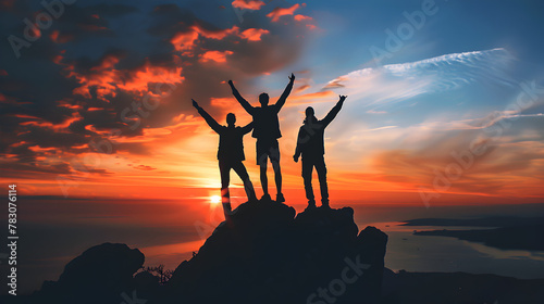 Three people celebrating on a mountain peak with arms raised against a dramatic sunset sky