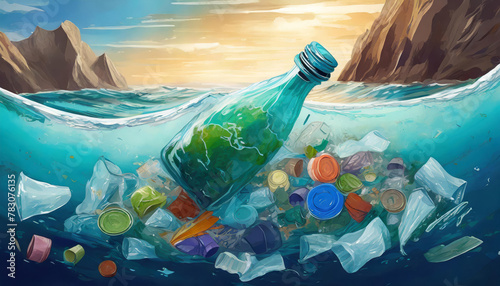 Plastic bottle pollution environmental waste contamination sea lake nature, ecological disaster water photo