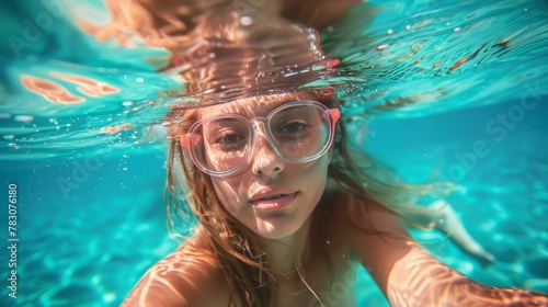 Underwater portrait of young woman swimming in blue water, enjoying summer pool swim experience © sorin