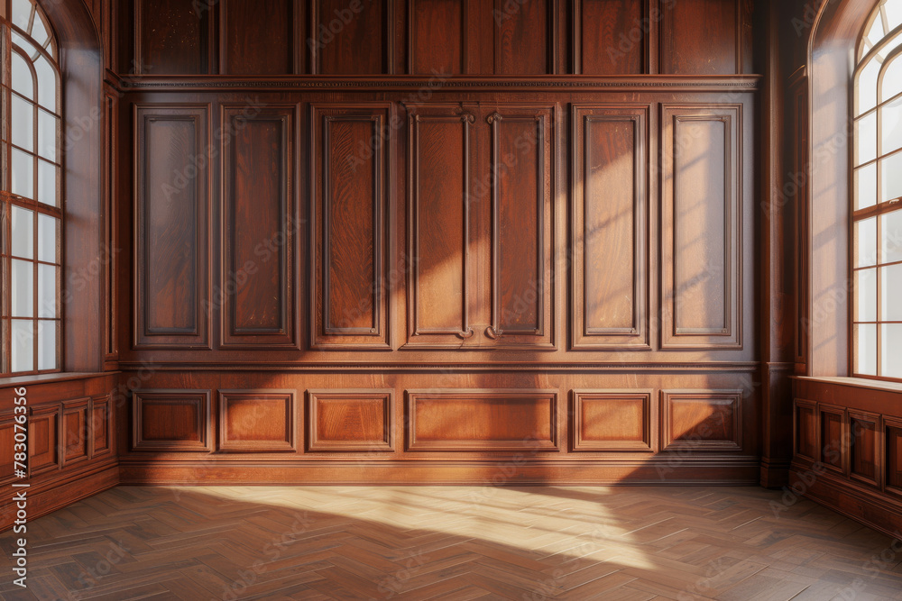 Naklejka premium Sunlight casting shadows on classic wooden wall paneling