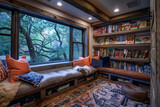 A cozy den with a built-in window seat and shelves filled with board games.