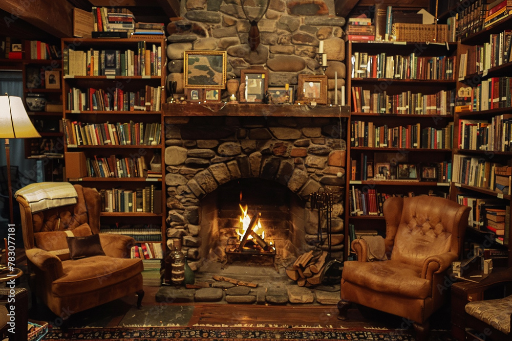 A cozy fireplace surrounded by comfy armchairs and shelves filled with books.
