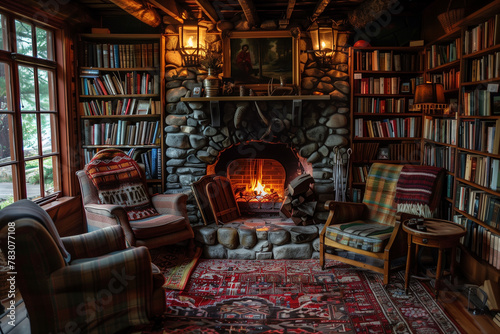 A cozy fireplace surrounded by comfy armchairs and shelves filled with books.