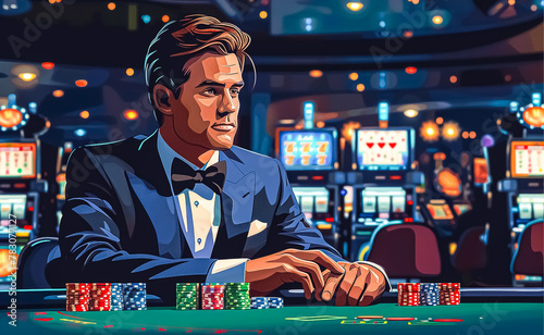 Illustration of casino roulette, game chips, gambling, photo style