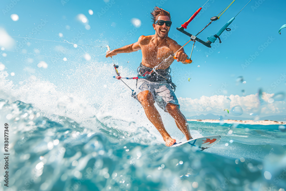 Adventurous male kiteboarder riding the waves in the ocean - Exciting imagery of handsome young man kitesurfing in the sea. Adventurous male kiteboarder riding the waves in the ocean - Exciting imagery of handsome young man kitesurfing in the sea.