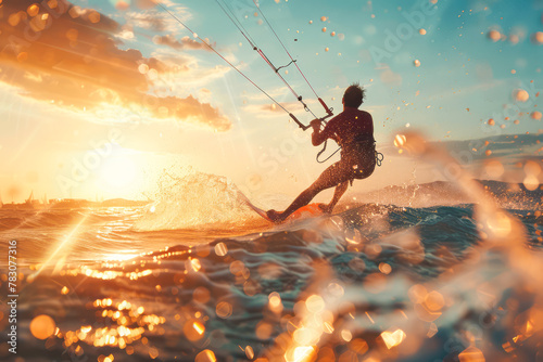Stunning young man catching waves while kitesurfing in the ocean