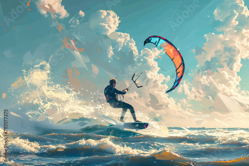 Adventurous young man riding the waves while kitesurfing in the ocean photo