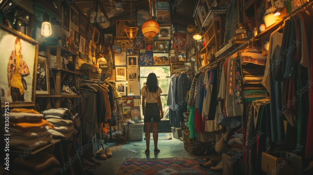 A woman stands in an art-filled room surrounded by clothes, creating a visually striking scene