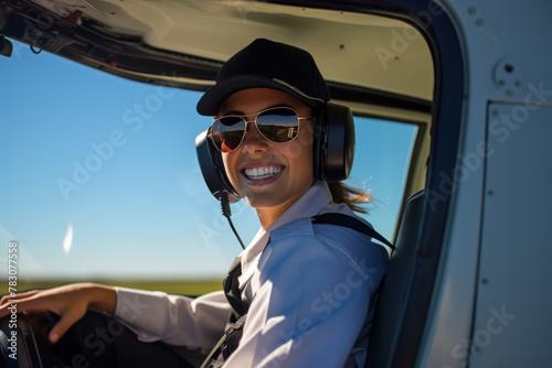Cheerful woman pilot wearing headset in cockpit of plane