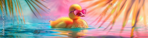 duck swimming in the blue sea with pink reflections of palm tree above. Happy summer vacation concept 