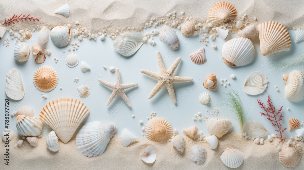 Summer travel concept elegant sea banner with shells, corals, and starfish on white sand