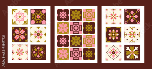 Abstract geometric posters. Retro floral blocks. Patchwork, mosaic, arabesque. Background, cover, banner template.