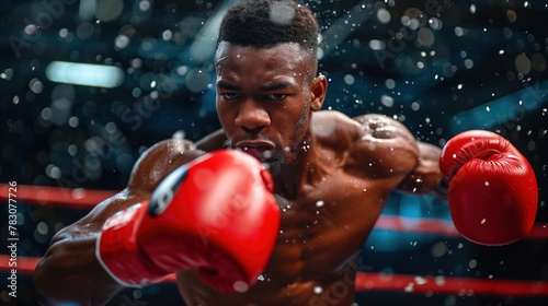 Portrait of Boxer Man in Gloves Against Dark Background in Action © sergiokat