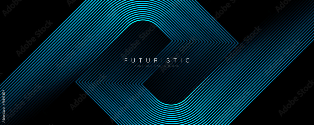 Naklejka premium Black abstract background with glowing geometric lines. Modern shiny blue lines pattern. Elegant graphic design. Futuristic technology concept. Suit for poster, banner, brochure, cover, website, flyer