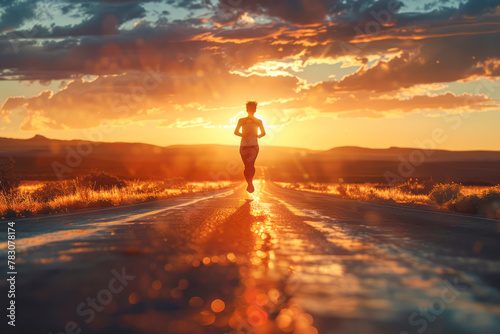 Sunset Runner: Silhouetted Athlete in Sportswear on Deserted Road © Fernando Cortés