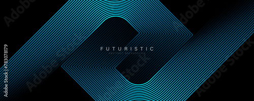 Black abstract background with glowing geometric lines. Modern shiny blue lines pattern. Elegant graphic design. Futuristic technology concept. Suit for poster, banner, brochure, cover, website, flyer