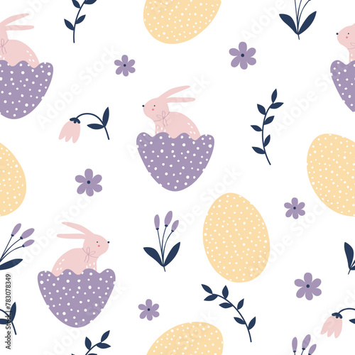 Spring cartoon seamless pattern with cute bunny. Happy Easter print in flat style and pastel colors