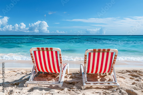 Sun-kissed Relaxation: Tropical Beach Scene with Striped Red-White Sunbeds for Tourists to Unwind on Hot Sunny Day photo