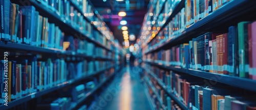 blurred image of library , stands with books,