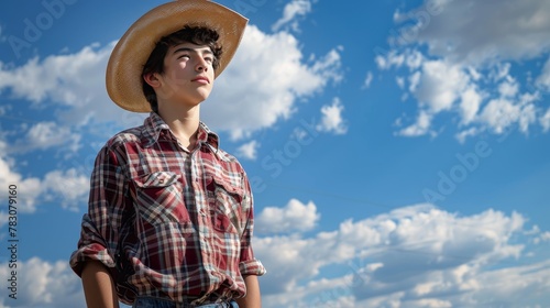 Young cowboy portrait  teenager posing with cowboy hat in field under blue sky with clouds