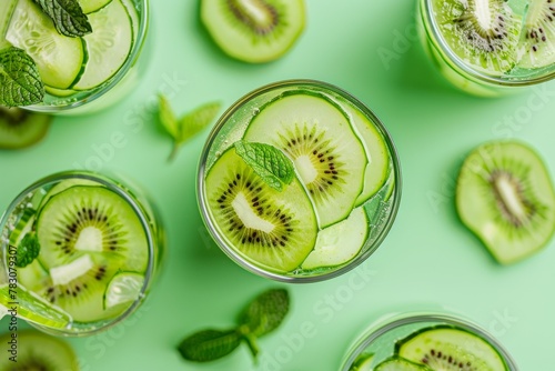 Fresh Kiwi Slices in Sparkling Water, Bright Green Summer Drink Concept