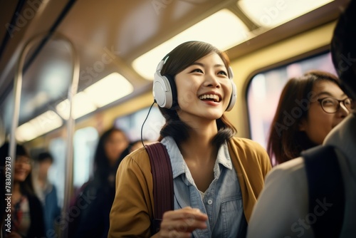 A young woman beams with joy as she listens to music through her headphones while riding the subway, © Surachetsh