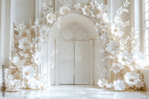 Enchanting Floral Paper Archway Adorning White Cathedral Door in Massurrealism Style photo