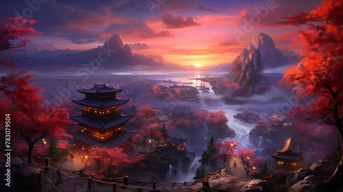 Fantasy reinterpretation of japanese serene natural landscapes in an artistic style