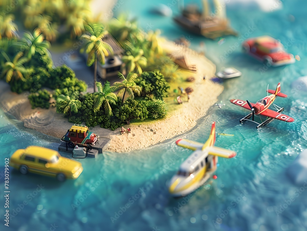 Tropical island paradise with a seaplane and boats, surrounded by crystal clear water. Miniature effect photography style. Ideal for travel themes. Generative AI