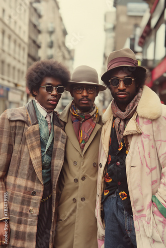 three fashion stylish elegant black male in coat and hat on a street in city in retro style of 1980s
