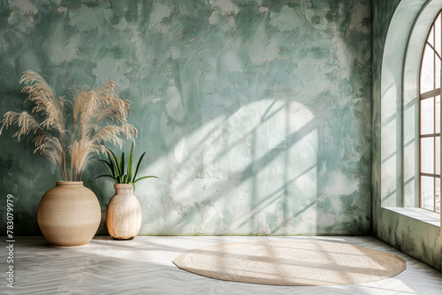 Boho Chic: High Resolution Sage Green Digital Backdrops with Modern Wall Arch in Natural Palette photo