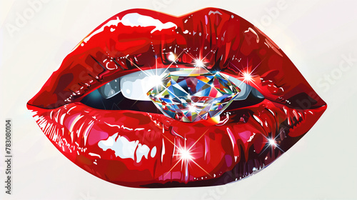 A red lip with a diamond on it. The diamond is shiny, sparkly. glamorous and luxurious feel to it. vibrant red snarling female lips, slightly parted to reveal a gleaming diamond held between the teeth