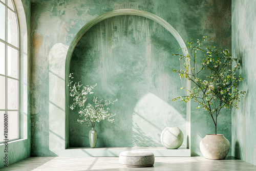 Bohemian Bliss: High Resolution Sage Green Digital Backdrop with Modern Wall and Natural Arch photo