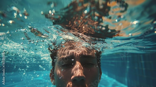 Capturing a mesmerizing underwater view by immersing in the olympic pool water for a stunning shot