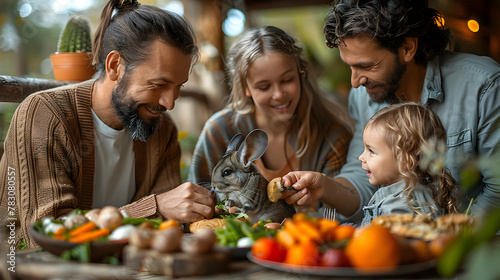 Family Bonding Over a Shared Vegetable Meal and Beloved Pet Chinchilla