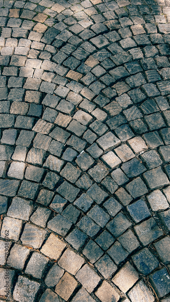 Prague paving stones, tiled path on sidewalks, shadows from trees on a sunny day