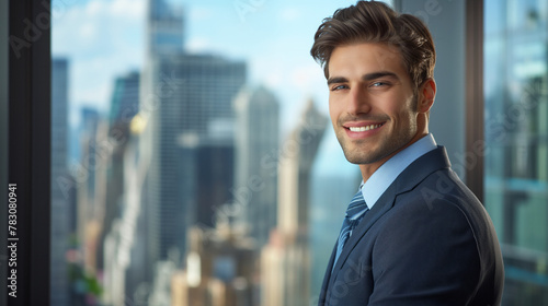 A man in a suit is smiling. Concept of confidence and success. 23-year-old handsome man stands by the expansive windows of a high-rise office, overlooking the bustling city below.