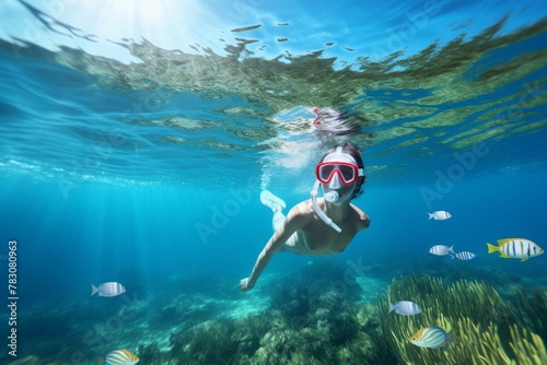Dive into the blue sea with a female scuba diver capturing the magic of marine life, an enchanting moment of underwater exploration. Generative AI.