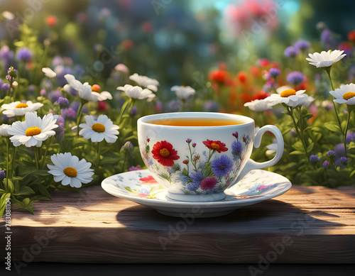 A porcelain cup of tea on a wooden table in a garden with wild flowers in summer
