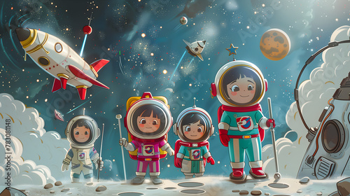 cartoon 3d style Children in space with spaceships and astronauts Exploring the stars