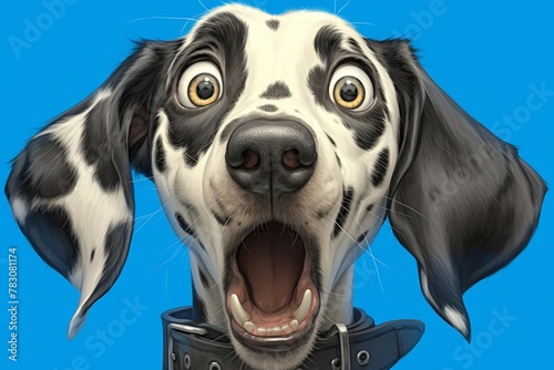 A Dalmatian dog with its mouth open, a funny expression on its face
