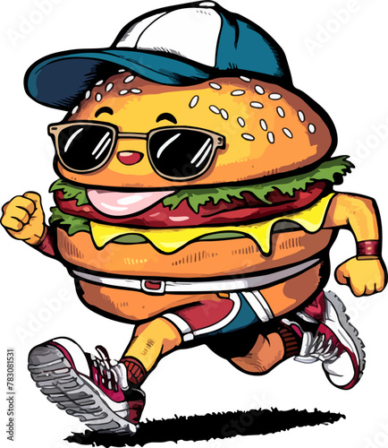 A illustration of a cute burger cartoon character running with a big smile